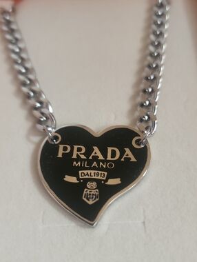 Prada Heart Logo Charm W/added Chunky Silvertone 16"+ Necklace Euc